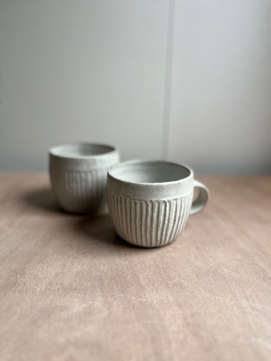 Set of 2 carved mugs/soup bowls with handles