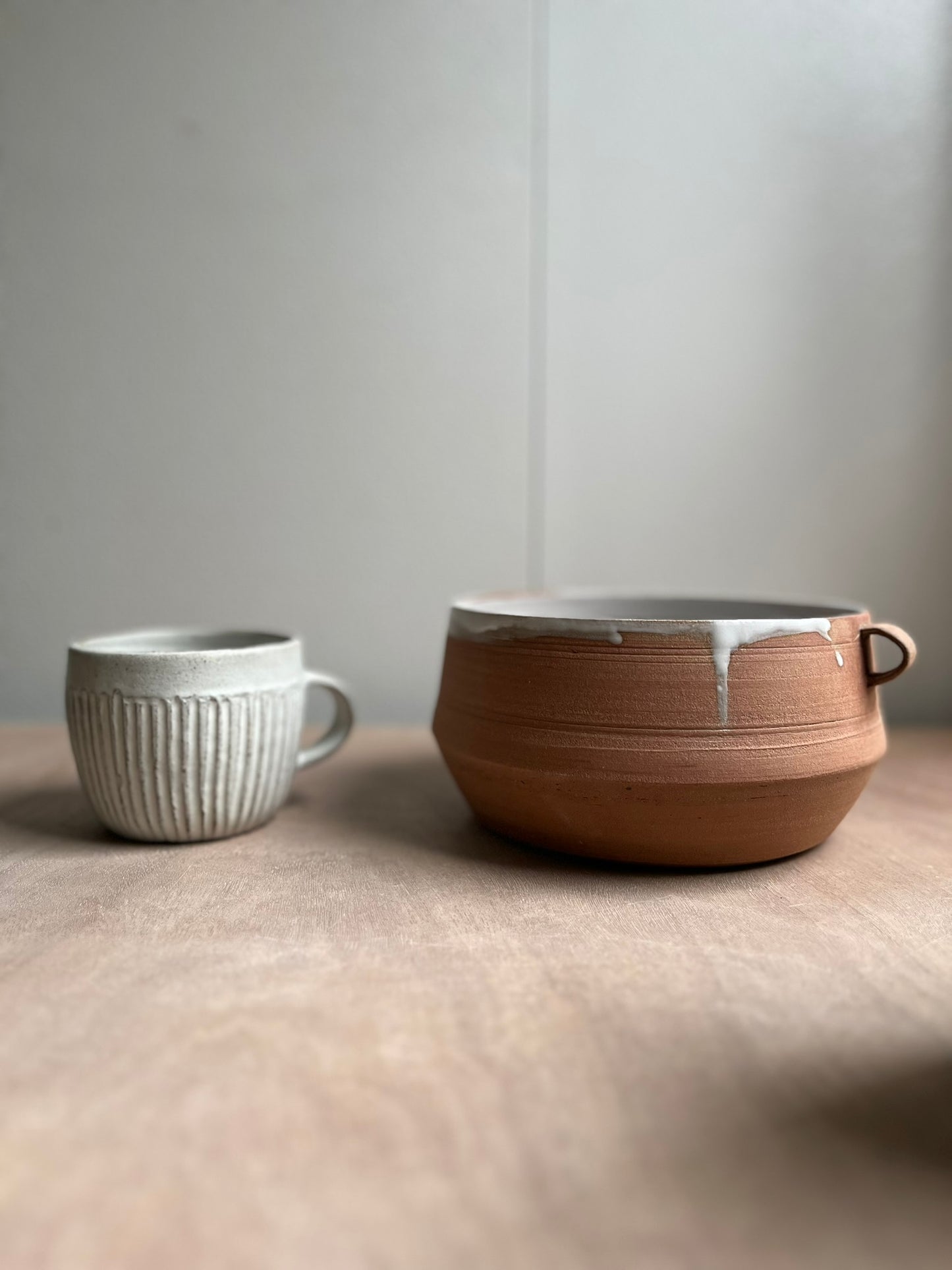 Set of 2 carved mugs/soup bowls with handles
